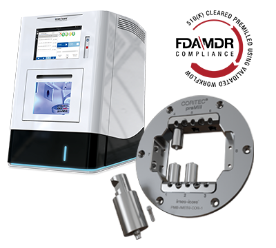 CORiTEC preMill milling machine and preMill 6-fold holder with preMill Abutments and the Signet FDA/MDR conform
