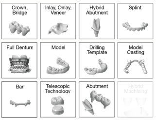 Possible indications for the CORiTEC 250i PRO+: Crown, bridge, inlay, onlay, veneer, hybrid abutment, splint, full prosthesis, model, drilling template, model casting, bar, telescopic technique, abutment