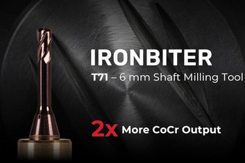 Close-up of the new Ironbiter T71 milling tool with 6 mm shaft, featuring "2x More CoCr Output" for improved performance