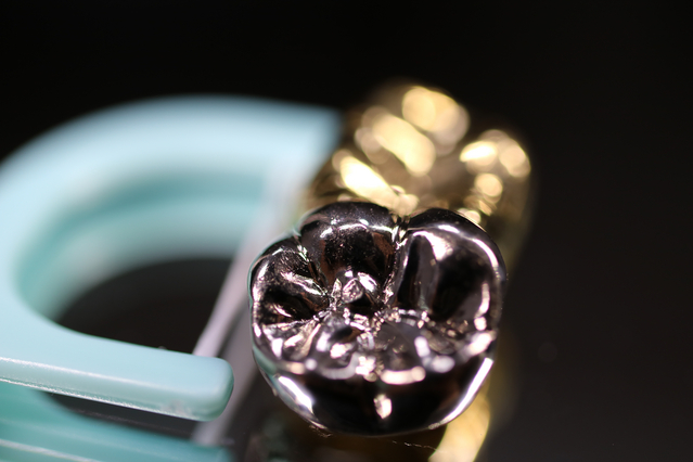 Close-up of a dental alloy showing a metallic dental crown