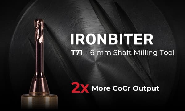 Close-up of the new Ironbiter T71 milling tool with 6 mm shaft, featuring "2x More CoCr Output" for improved performance