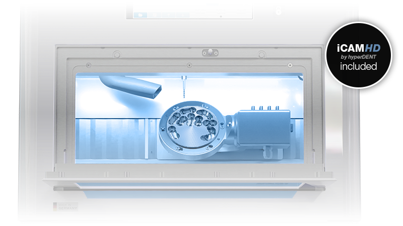 Close-up of the CORiTEC 250i PRO+ dental milling machine with the door open and the iCAMHD software included.