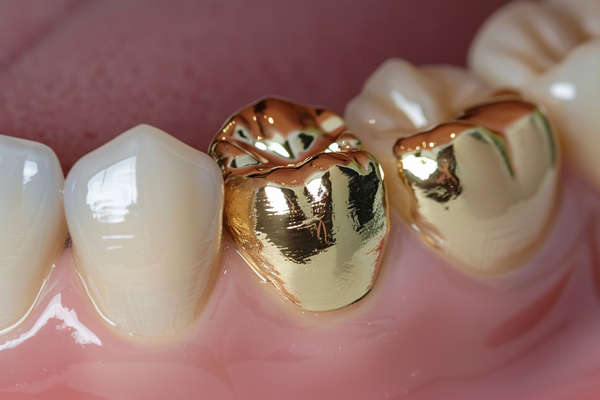 Close-up of dental crowns made of gold alloy on molars