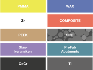 CORiTEC 250i PRO+ - Verfügbare Materialien: PMMA, WAX, Zr, Komposit, PEEK, Sintermetall, Glaskeramik; PreFab Abutments, CoCr, Ti