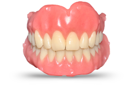 Frontale Ansicht einer Zahnprothese mit Ober- und Unterkiefer