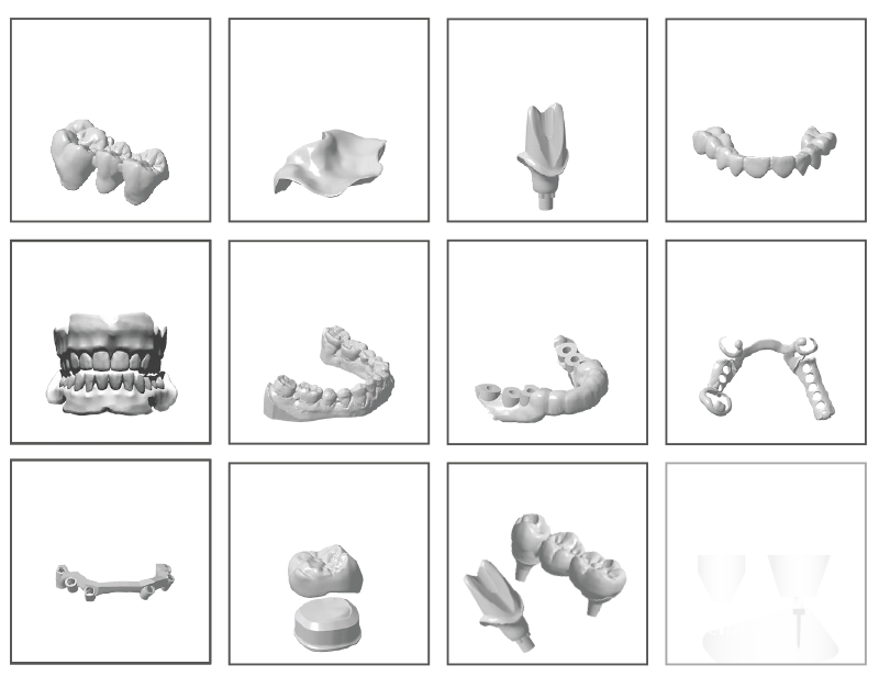 Tabelle der dentalen Indikationen, die mit dem CORiTEC 250i PRO+ gefräst werden können - Krone, Brücke, Inlay, Onlay, Veneer, Hybridabutment, Schiene, Vollprothese, Modell, Bohrschablone, Modellguss, Steg, Teleskoptechnik, Abutment