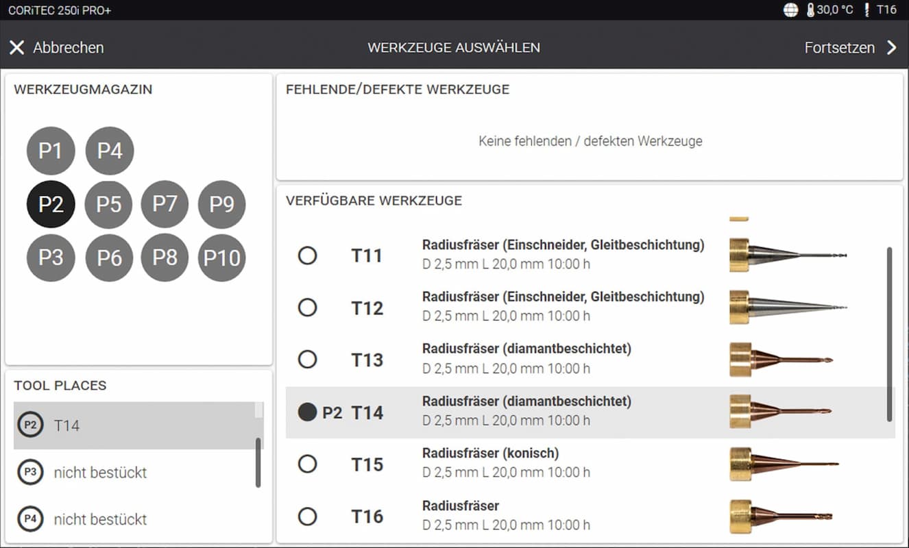 CORiTEC 250i PRO+ - SmartControl - Werkzeugliste - Intuitive Menüführung